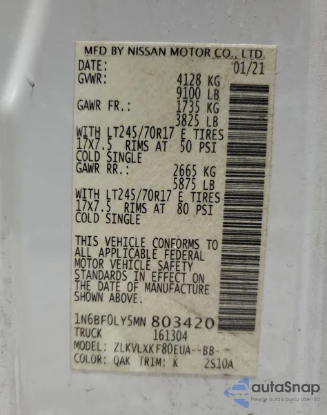 2021 Nissan Nv 2500 S z USA, uszkodzony, nr VIN 1N6BF0LY5MN803420